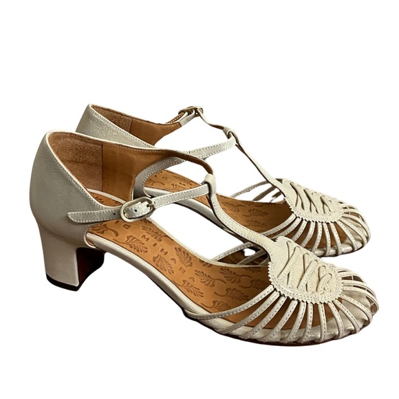 Chie Mihara Light Ivory Metallic Leather T-Strap Heel, New in Box